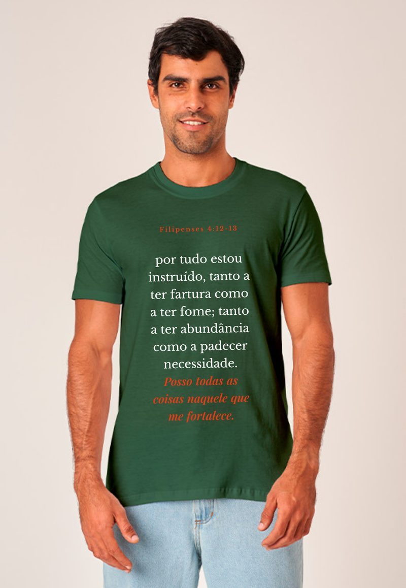 Filipenses 4:12-13 — Camiseta — Texto Branco